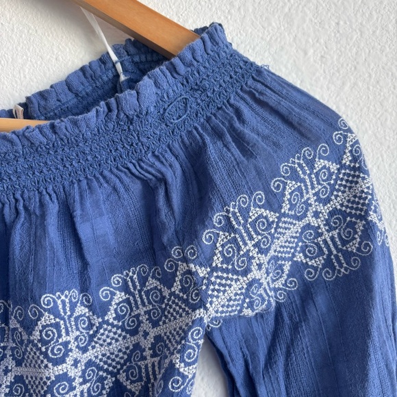 Tory Burch Loretta Blue and White Off the Shoulder Embroidered Gauze Mini Dress - Picture 5 of 10